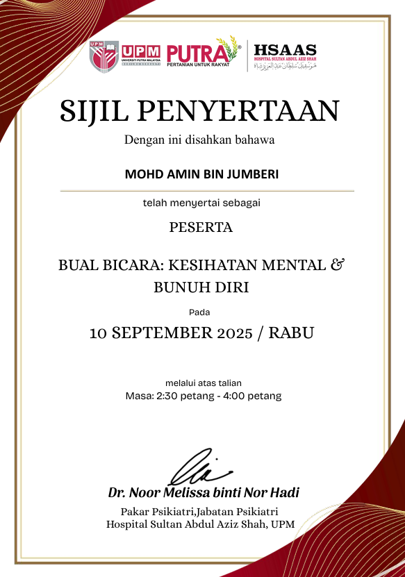 Sijil Penyertaan Bual Bicara: Kesihatan Mental & Bunuh Diri