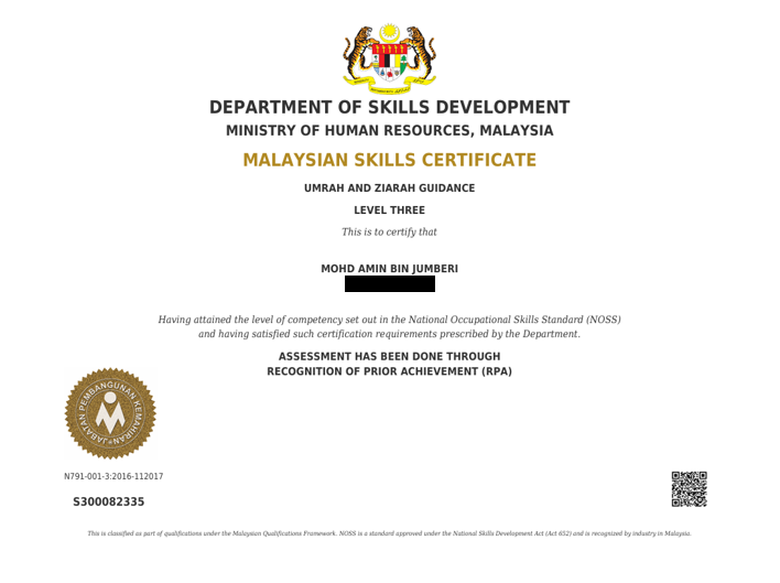 Malaysian Skills Certificate. Umrah And Ziarah Guidance. Department Of Skills Malaysia. Ministry Of Human Resources, Malaysia.